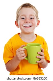 Happy Kid With Milk Mustache Holding Big Green Cup In-front Of Him