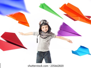 Happy Kid Playing With Paper Airplane