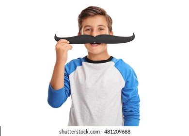 Happy Kid Posing With A Fake Moustache Isolated On White Background