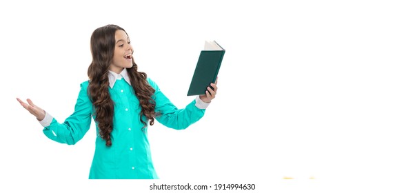 Happy Kid Read School Book Aloud With Expression Isolated On White, Literature, Copy Space.