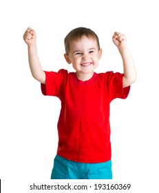 Happy Kid In Red Tshirt With Hands Up Isolated