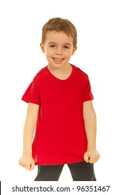 Happy kid showing his blank red t-shirt isolated on white background