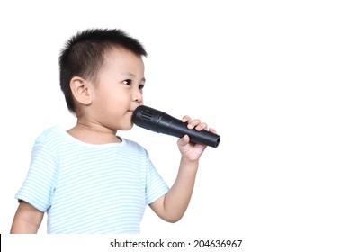 Happy Kid Singing, With Black Microphone, Isolated On White Background