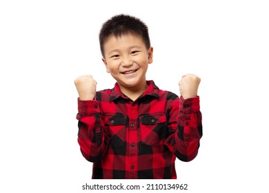 Happy Kid Wearing Red Shirt Excited With Fist Pump, Success Concept, Isolated On White Background