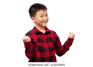 Happy Kid Wearing Red Shirt With Smile And Fist Pump, Success Concept, Isolated On White Background