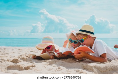 Happy Kids -boy And Girls- Read Books On Beach, Summer Reading On Vacation