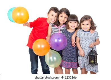 Happy Kids Celebrating Eid El Fitr - Muslim Children Playing With Lantern And Baloons In The Feast