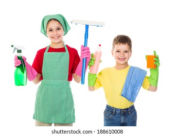 Happy Kids With Cleaning Equipment, Isolated On White
