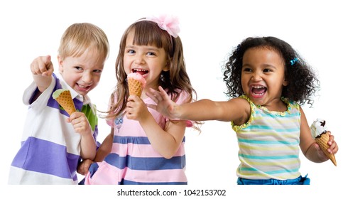 Happy Kids Group Eating Ice Cream Isolated On White