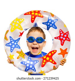 Happy Kids Look Out Of Inflatable Ring. Isolated On White Background. Vacation, Summer, Sea Concept.