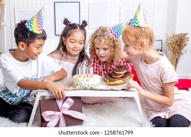 Happy Kids Looking Burning Candles While Stock Photo 1258761799 ...