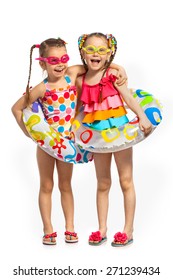 Happy Kids In Swimsuit And Inflatable Rings. Isolated On White Background. Summer, Fashionable, Friendship Concept.