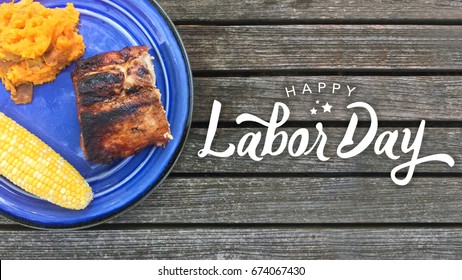 Happy Labor Day Typography Over Wood Background With Grilled Food