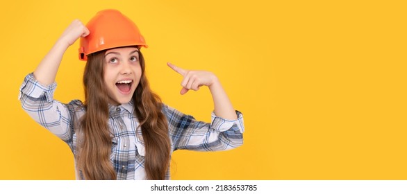 Happy Labour Day. Future Career. Teen Girl In Helmet. Builder Kid In Checkered Shirt. Child In Hard Hat Horizontal Poster Design. Banner Header, Copy Space.