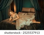 Happy lady lying on bed call talk red lips mouth beauty smiling face woman hand holding receiver old style 1950s telephone in dark room. Vintage polka dot dress. Girl using retro phone line 30s pin-up