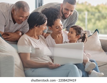 Happy, Laptop And Big Family Streaming A Movie, Relaxing And Bonding Together On The Weekend At Home. Child, Grandparents And Mother With Father Watching Movies On Online Entertainment Subscription