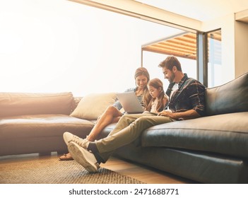 Happy, laptop and family on sofa with child, man and woman for elearning education at home. Parents, girl and browsing on computer for app game, watch video online or website for streaming cartoons - Powered by Shutterstock