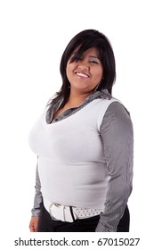 Happy Large  Latin Woman, Isolated On  White Studio Shot