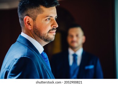 Happy Latin Gay Couple In Blue Suit On Their Wedding Day Posing For Photo Shoot, Concept Portrait At Gay Wedding