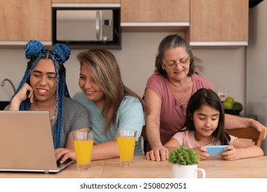 Happy latin multigenerational family with gadgets using different technologies in kitchen home, indoors. Lgbtq family, happiness, multi generation concept. - Powered by Shutterstock