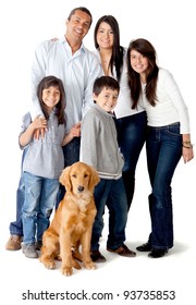 Happy Latinamerican Family With A Dog - Isolated Over A White Background