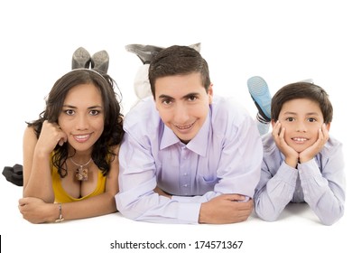 Happy Latino Family Portrait - Isolated Over A White Background