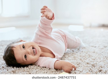 Happy, laughing and baby on floor in home for child development, wellness and growth. Family, childhood and fun of young infant in living room for learning to crawl, playing and relax in house - Powered by Shutterstock