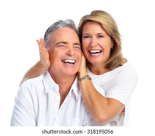 Happy laughing elderly couple isolated white background.