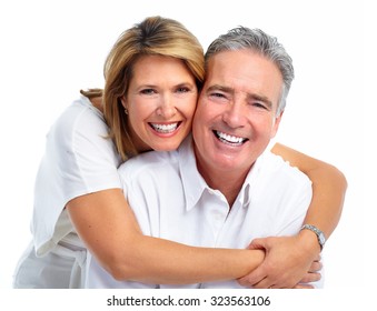 Happy Laughing Elderly Couple Isolated White Background.