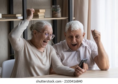 Happy Laughing Euphoric Middle Aged Old Married Family Couple Looking At Smartphone Screen, Reading Email Or Message With Amazing News, Feeling Excited Getting Online Lottery Auction Win Notification.