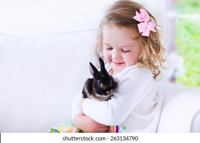 Happy Laughing Little Girl Playing With A Baby Rabbit, Hugging Her Real Bunny Pet And Learning To Take Care Of An Animal. Child On A White Couch At Home Or Kindergarten.