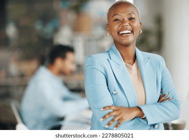 Happy, laughing and portrait of black woman in office for leadership, management and development. Positive, inspiration and mission with female employee for growth, motivation and empowerment - Powered by Shutterstock