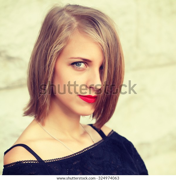 Happy Laughing Smiling Young Woman Short Stock Photo Edit Now