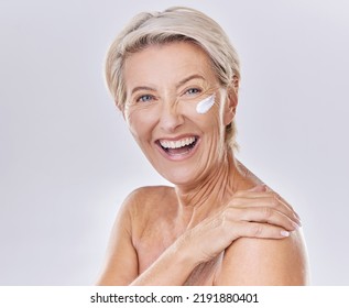 Happy, Laughing And Sunscreen On Skin Care Beauty Model On Studio Background. Portrait Of Mature Woman, Face And Smile With Healthy Skincare, Wellness And Safety Grooming Product Against Sun Damage