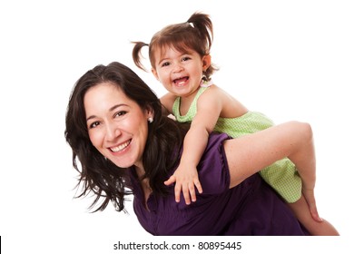 Happy Laughing Toddler Girl Playing With Mom Doing A Fun Piggyback Ride, Isolated.