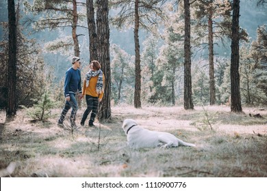 Happy Lesbian Couple Walking In The Forest With A Dog