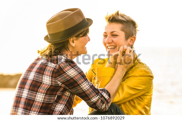 Стоковая фотография 1076892029 Happy Lesbian Girlfriends Love Sharing Time Shutterstock