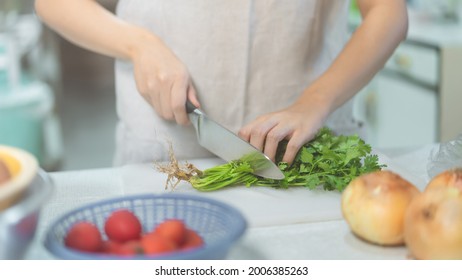 Happy Life Satisfaction Leisure Lifestyle At Home Concept. Young Adult Woman Cooking In Kitchen On Day. Hand Holding Knife Cut Coriander Prepared Making Healthy Food.