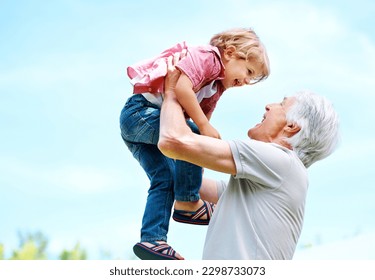 Happy, lifting and playful with grandfather and grandson for bonding, affectionate and free time. Happiness, fun and playing with old man and young boy for family, generations and carefree mockup - Powered by Shutterstock