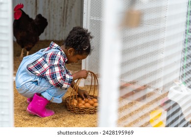 Happy little African girl farmer collect organic chicken eggs on the ground put in a basket in chicken coop. Children kid learning to raise the chickens with nature food in farm on summer vacation. - Powered by Shutterstock