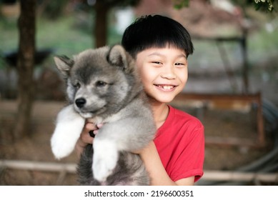 Happy Little Asian Boy Holding Dog At Home