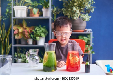 Happy Little Asian School Kid Studying Science, Making DIY Lava Lamp Science Experiment With Oil, Water And Food Coloring, Kid-friendly Fun And Easy Science Experiments At Home Concept