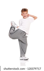 Happy Little Boy Dancing Isolated On White Background