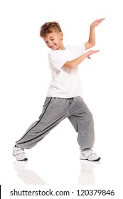 Happy Little Boy Dancing Isolated On White Background