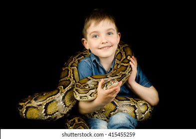 Happy Little Boy And Giant Snake 