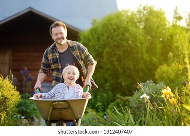 Happy Little Boy Having Fun In A Wheelbarrow Pushing By Dad In Domestic Garden On Warm Sunny Day. Active Outdoors Games For Kids In Summer.