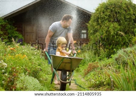 Happy little boy having fun in a wheelbarrow pushing by dad in domestic garden on warm sunny day. Child watering plants from a hose. Active outdoors games for family with kids in summer.
