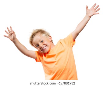 HAPPY LITTLE BOY HOLDING HANDS UP AND SMILING ISOLATED ON WHITE BACKGROUND
