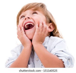 Happy Little Boy Looking Very Surprised - Isolated Over White Background 