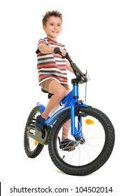 Happy Little Boy On Bike  Isolated On White